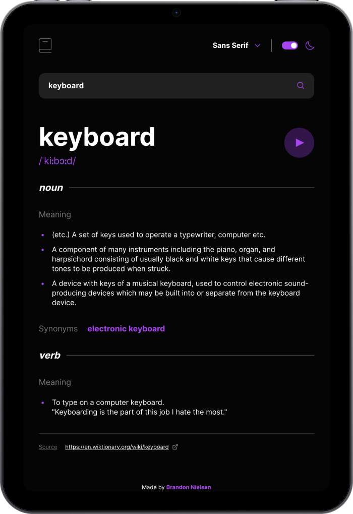 Dictionary web app displayed in dark theme mode on an Apple iPad.