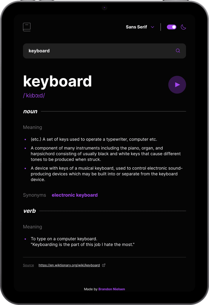 Dictionary web app displayed in dark theme mode on an Apple iPad.