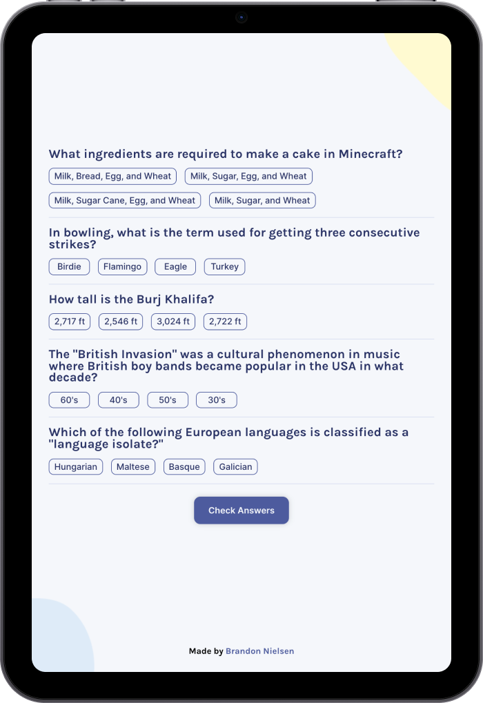 Quizzical web app quiz page displayed on an Apple iPad.