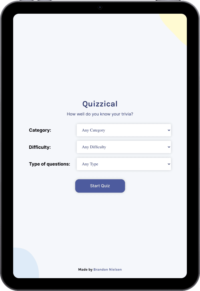 Quizzical web app start page displayed on an Apple iPad.