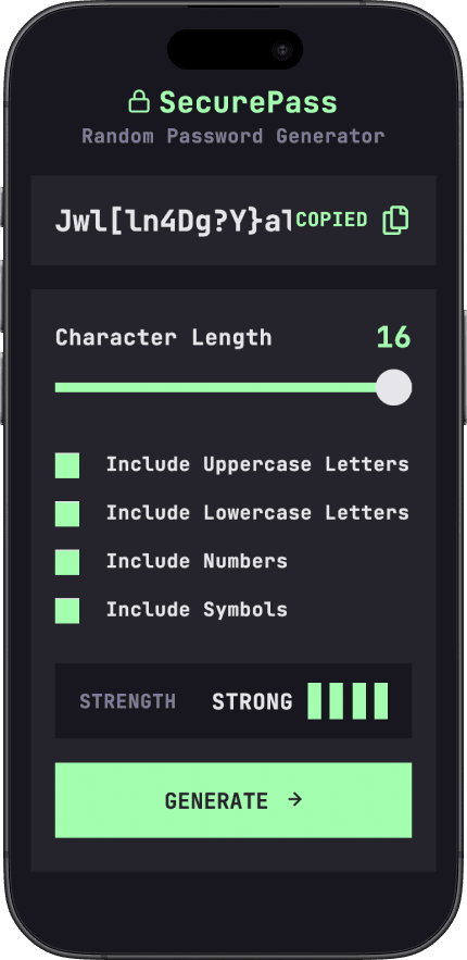SecurePass web app displayed on an Apple iPhone.